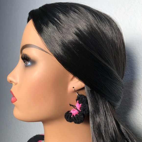 Handmade Crochet Hot Pink Butterfly Earrings - Picture 9 of 9